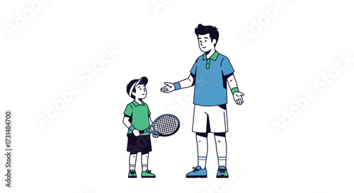 Father and Son Playing Tennis Together. Promoting the importance of family recreation, healthy lifestyle, and the bond between parent and child in sports activities.