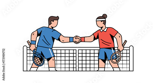 Illustration of Two Tennis Players Shaking Hands Over the Net, Representing Sportsmanship and Fair Play in Tennis Competitions and Training Programs