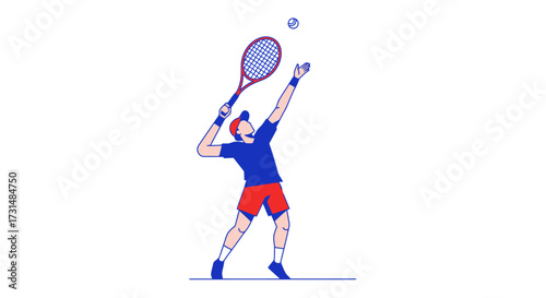 Dynamic tennis player serves with focused energy, captured in a minimalist illustration, perfect for sports publications, fitness websites, or athletic event promotions.