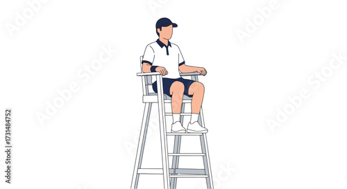 Tennis umpire sitting on a high chair isolated on white background, perfect for illustrating sports officiating, tennis match scenarios, or athletic event management.