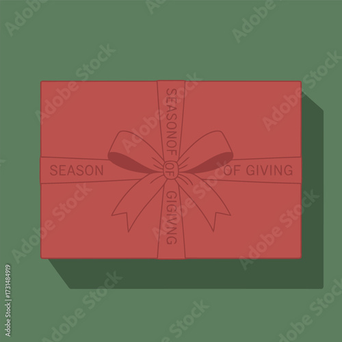 A flat design illustration of a red gift box with a ribbon that says "Season of Giving" tied in a bow.