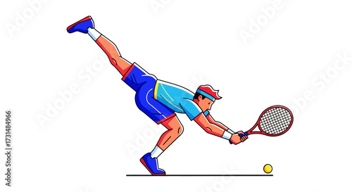 Dynamic tennis player diving to hit a low ball, showcasing athletic skill and determination for sports-related content, fitness campaigns, and instructional materials.