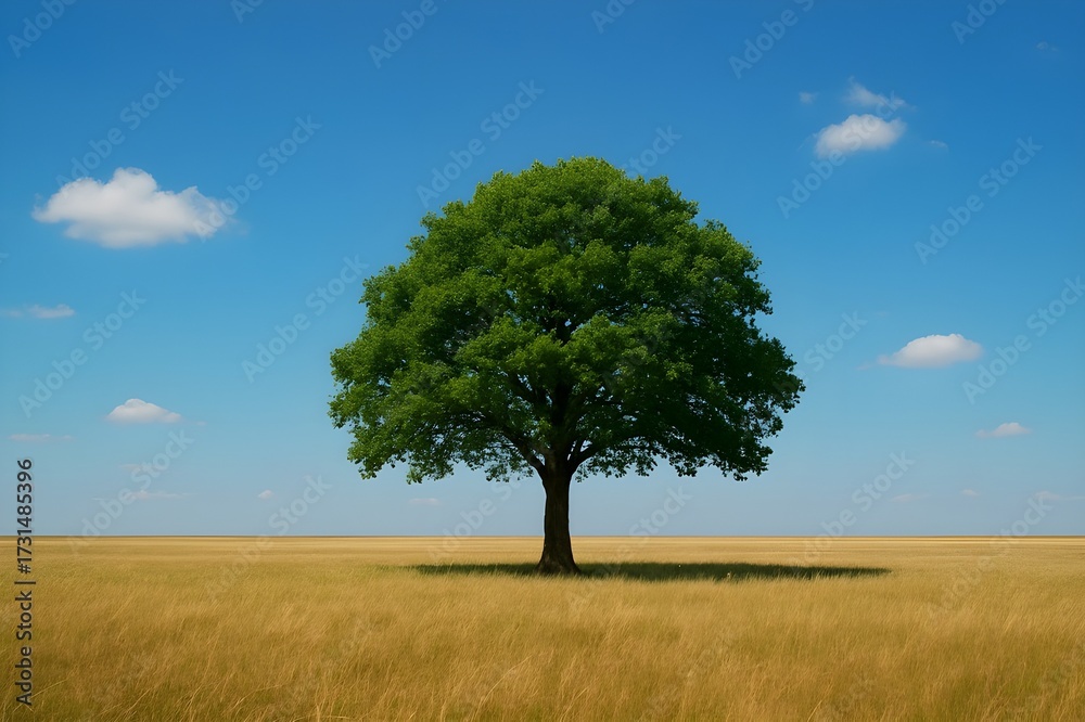 Fototapeta premium Lonely green tree standing in golden open field