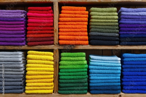 Colorful Stacked Towels Neatly Arranged on Wooden Shelves
