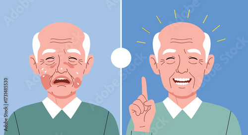 Visualizing the contrast between skin irritation and relief for an elderly man.