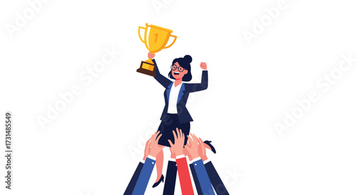 Successful businessperson is carried on shoulders by colleagues holding up a trophy celebrating a victory.