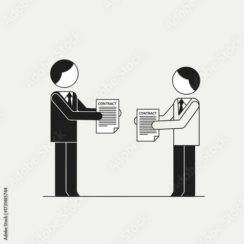 Two businessmen in suits exchanging signed contract documents, symbolizing a formal agreement or deal.
