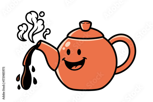 Cheerful cartoon teapot mascot with a smiling face pouring a steaming hot beverage illustration