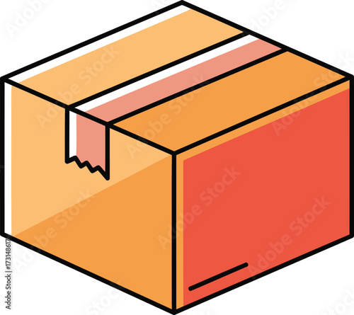 A simple, isometric illustration of a closed cardboard box with orange and red sides, sealed with tape.