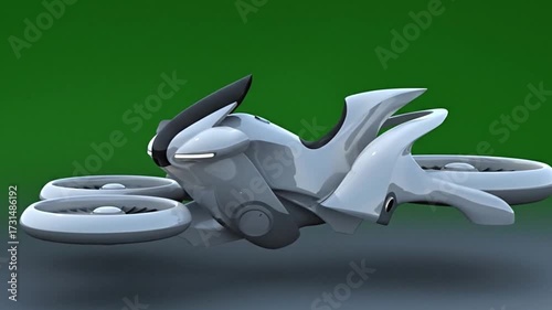 Futuristic Flying Vehicle on Green Screen Background fading in animation slowly 
