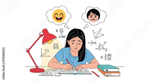 A student struggling with homework and feeling overwhelmed by difficult math problems and study pressure.