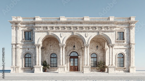 Elegant classical stone building with ornate arches and detailed columns featu a grand entrance, symmetrical , and lush potted plants under a clear blue sky