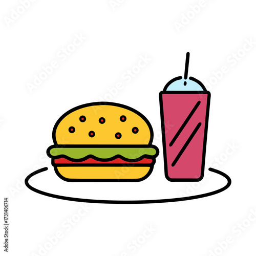 Dish with delicious burger and soda 