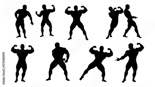 Bodybuilder Silhouette Set.Muscular Men Flexing Poses Collection, Fitness Vector Icons.