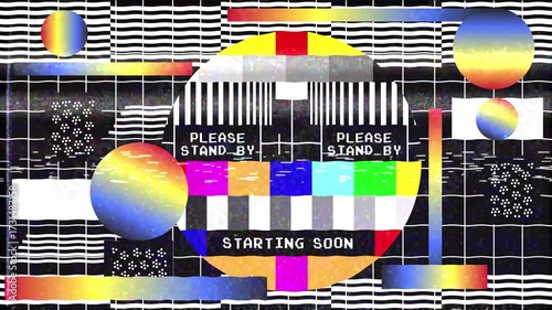 TV test card signal pattern animation. Please stand by starting soon streaming countdown. Television Color Test Calibration Bars. seamless looping