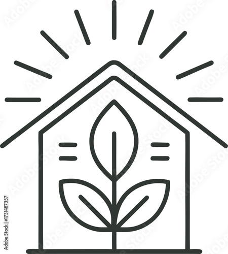 minimal line art shelter with sun and leaf icon.