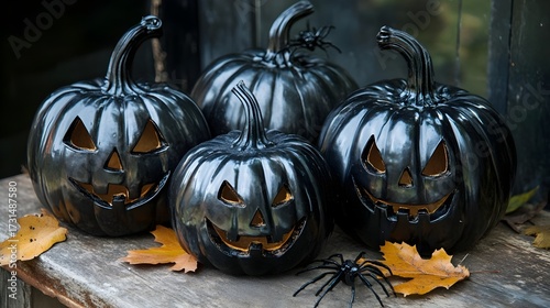 Black Halloween Pumpkins with Spiders and Autumn Leaves