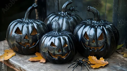 Fototapeta Black Halloween Pumpkins with Spiders and Autumn Leaves