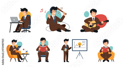A businessman enjoying his hobbies and work in various poses and activities throughout his day.