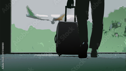 Confident traveler wheels luggage towards airplane departure, ready for adventure and new horizons.