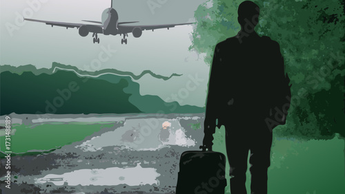 Man with suitcase awaits airplane landing, symbolizing travel, journey, and anticipation.