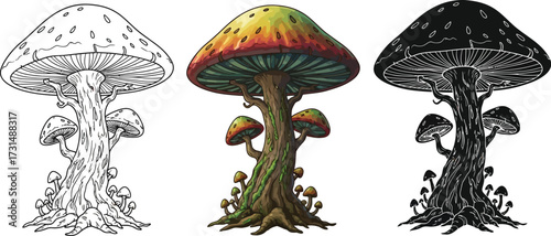 Mushroom in color, line art, and silhouette illustration