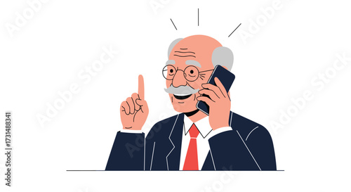 An excited elderly man wearing a suit and tie speaks animatedly on his mobile phone while holding his finger up to emphasize a point.
