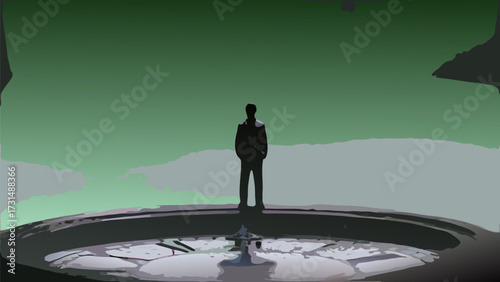 Solitary man contemplates vastness, representing introspection, future, and life's journey.