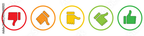 Set of colourful hand gesture icons including thumbs up, thumbs down, and neutral signs in circles. Perfect for feedback, ratings, approvals, user reviews, and reaction graphics. Icons, vector.