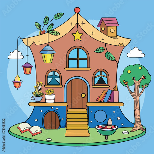 a children s storybook treehouse decorated with wh.eps
