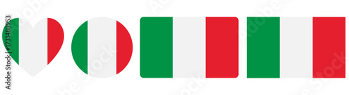 Flag of Italy. Flag icon. Standard colours. Standard sizes. Rectangular flag. Computer illustration. Italian flag in round and heart shape. Vector illustration.