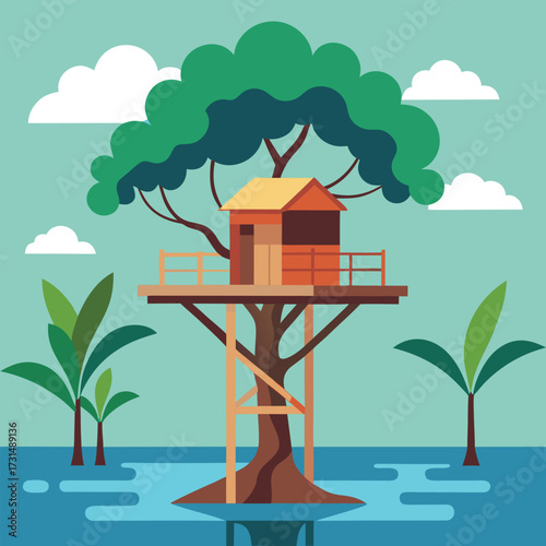 a coastal mangrove treehouse above the water  (1).eps