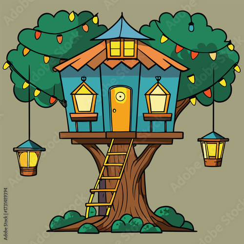 a diwali lantern lit glowing treehouse .eps