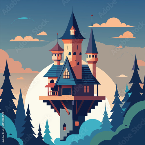 a fairy tale castle style treehouse with tiny towe (2).eps