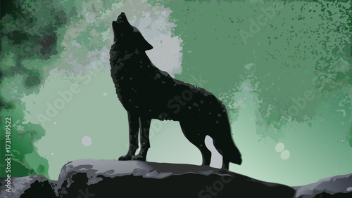 Dramatic wolf silhouette howling at the moon on rocky outcrop under starry sky