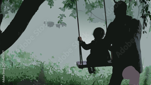 Father gently pushes child on a swing creating cherished childhood memories in a serene outdoor setting.