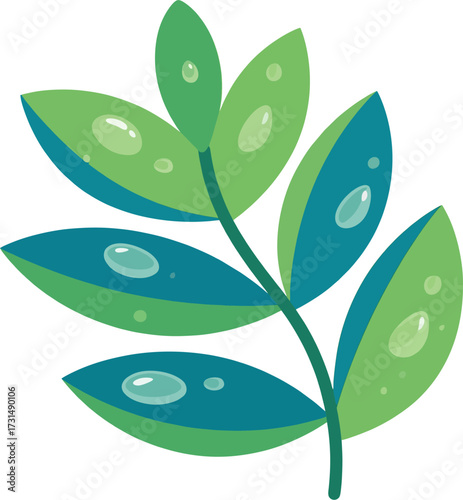 Minimalist Moisture Leaves Vector with Dew Drops, Flat Botanical Art