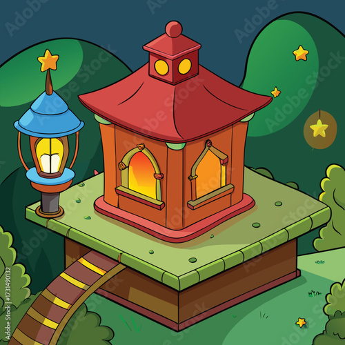 a glowing lantern lit storybook treehouse village .eps