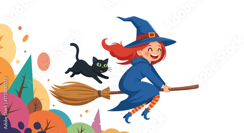 A cheerful young witch with red hair flies on a broomstick with her black cat against a colorful autumn forest background.
