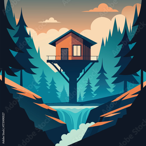 a hidden treehouse on the edge of a forest waterfa (2).eps