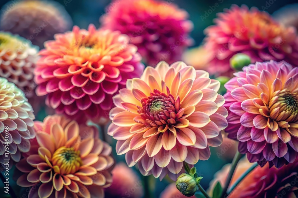 Fototapeta premium Vibrant Dahlia Blooms in a Close-Up Garden Display of Soft Pastel Hues