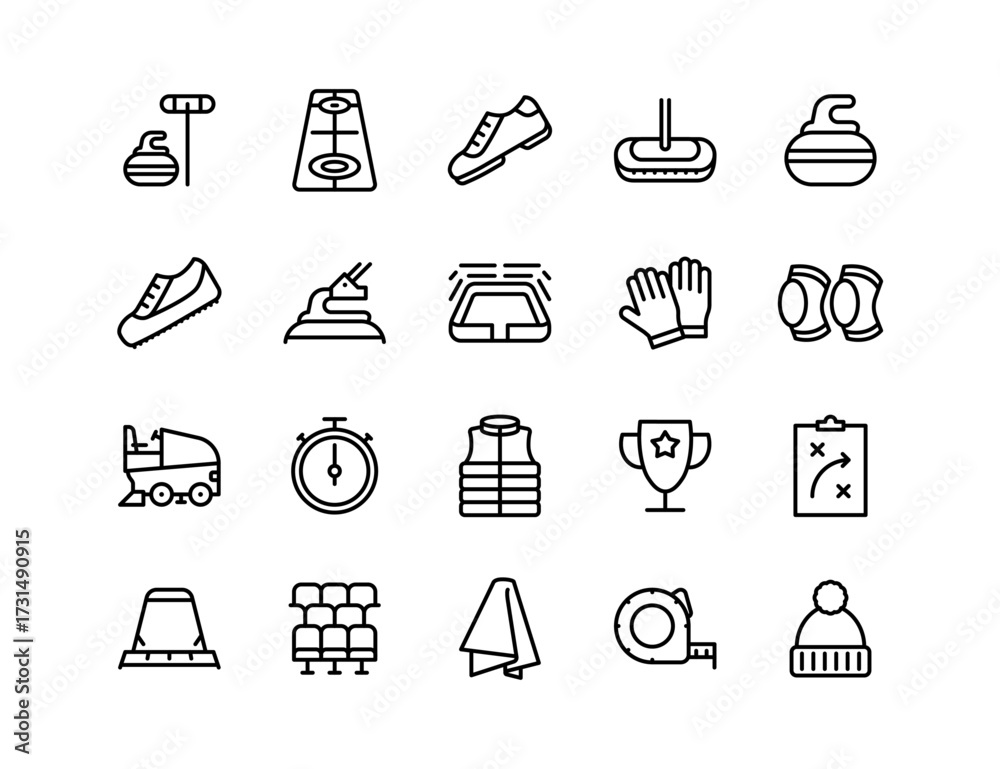 Fototapeta premium Curling Vector Icon Set | Editable Stroke | Curling stones, brooms, rink, gloves, stopwatch, scoreboard, hat, shoes, podium, towel, strategy board