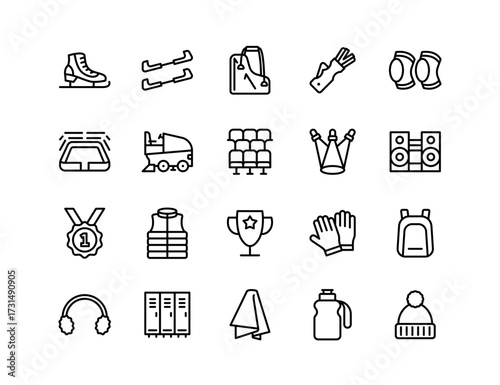 Ice Skating Vector Icon Set | Editable Stroke | Skates, rink, gloves, backpack, trophy, spotlight, arena, locker, medal, towel, earmuffs