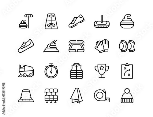 Curling Vector Icon Set | Editable Stroke | Curling stones, brooms, rink, gloves, stopwatch, scoreboard, hat, shoes, podium, towel, strategy board