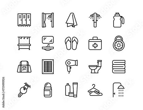 Locker Room Vector Icon Set | Adjustable Line Weight | Shower, bench, towel, locker, flip flops, deodorant, hairdryer, shampoo, sink, toilet, hygiene, soap, gym gear, lock