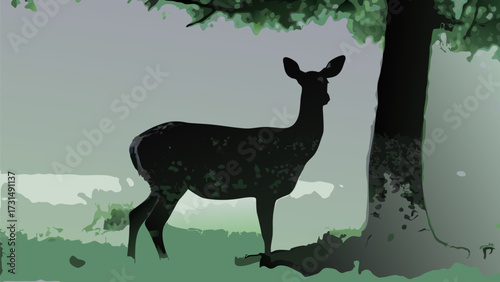 Peaceful deer standing serenely beside a majestic tree in calming minimalist style nature scene