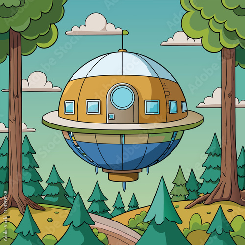 a magical floating orb shaped treehouse levitating.eps