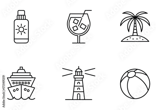 Tropical Vacation & Island Escape Line Icons - Sunscreen, Cocktail, Palm Tree, Cruise Ship, Lighthouse, Beach Ball for Travel Agencies, Hotel Booking & Holiday Marketing


