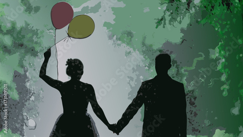 Silhouette of loving couple holding hands with balloons, celebrating anniversary together outdoors