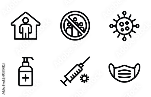 Pandemic Safety & Virus Protection Line Icons - Mask, Sanitizer, Syringe, No Crowds, Virus Cell, Home Quarantine for Healthcare Apps, Awareness Campaigns & Corporate UI

